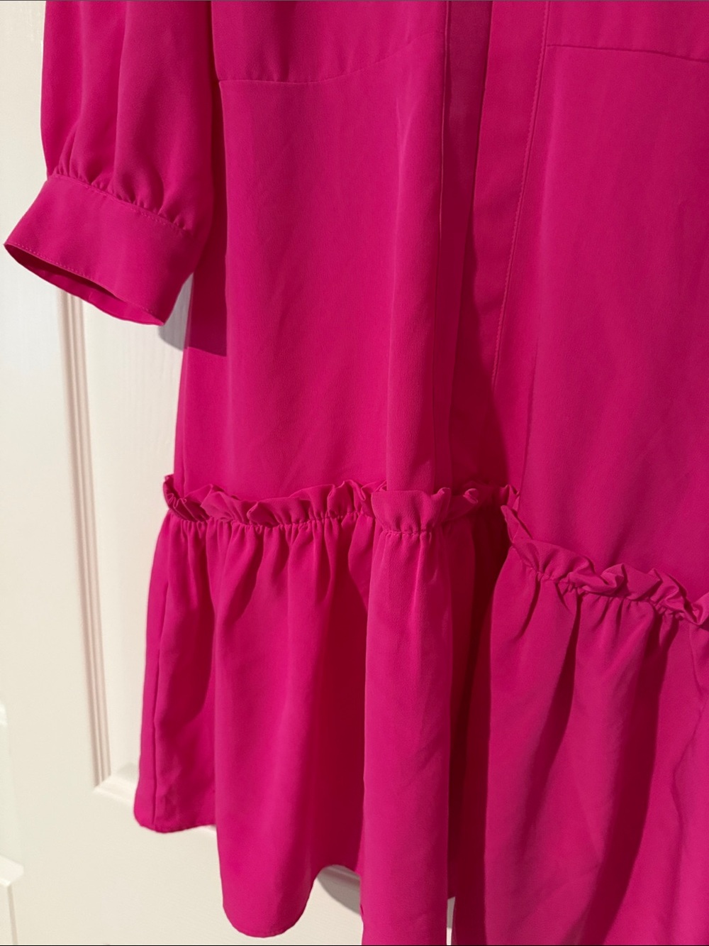 Karl Lagerfeld Paris Crepe Zip-Front 3/4-Sleeve Dress - Bright Fuchsia - Picture 3 of 11